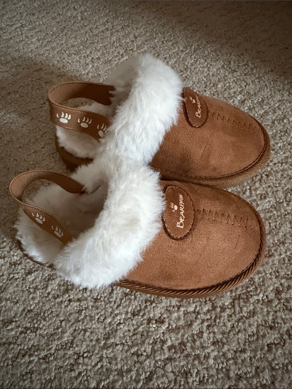 BearPaw Kids Tan-Brown Faux-Suede Slippers with White Faux-Fur Cuff